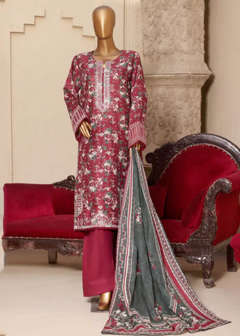 3 Piece Embroidred Stitched Red Color Lawn Suit with Trouser & Dupatta