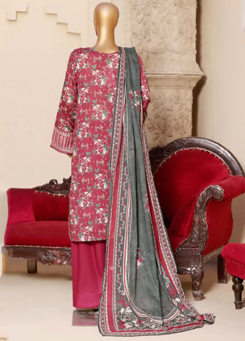 3 Piece Embroidred Stitched Red Color Lawn Suit with Trouser & Dupatta