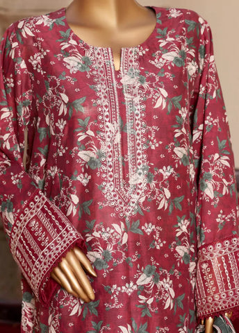 3 Piece Embroidred Stitched Red Color Lawn Suit with Trouser & Dupatta
