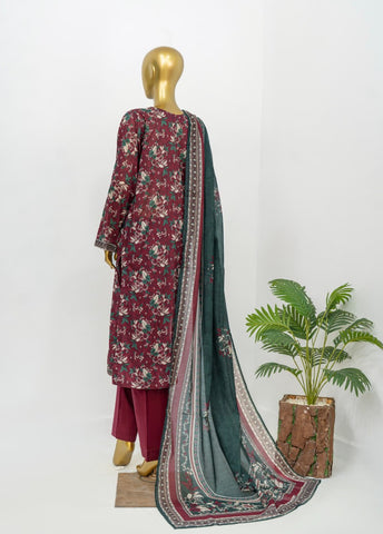 3 Piece Printed Stitched Maroon Color Lawn Shirt with Trouser & Dupatta