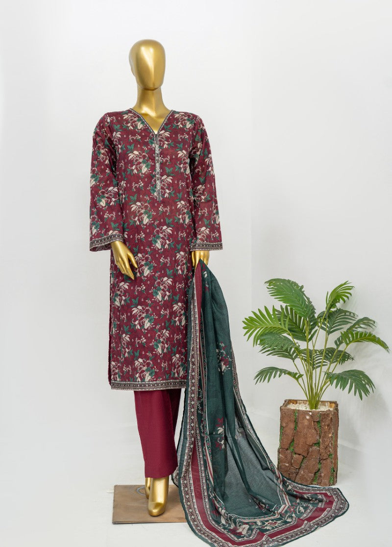 3 Piece Printed Stitched Maroon Color Lawn Shirt with Trouser & Dupatta