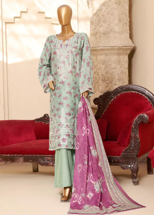 3 Piece Embroidred Stitched Mint Green Color Lawn Suit with Trouser & Dupatta