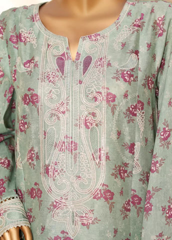 3 Piece Embroidred Stitched Mint Green Color Lawn Suit with Trouser & Dupatta