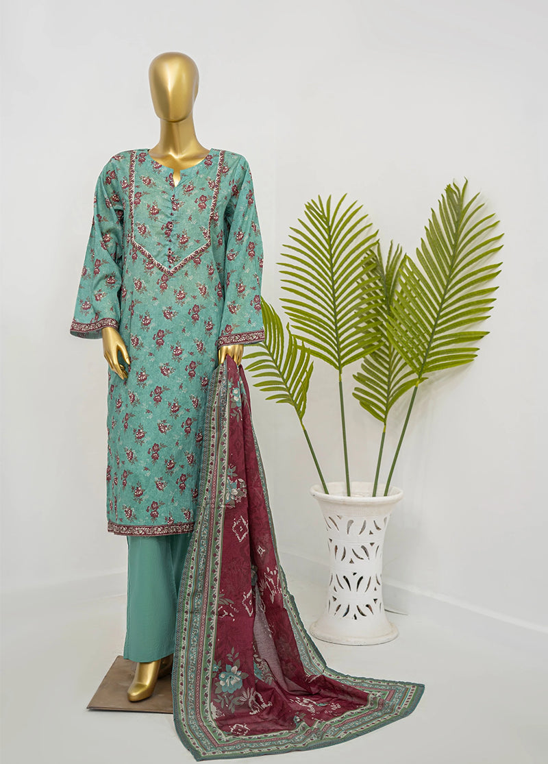 3 Piece Printed Stitched Aqua Blue Color Lawn Shirt with Trouser & Dupatta
