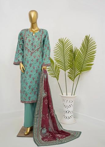 3 Piece Printed Stitched Aqua Blue Color Lawn Shirt with Trouser & Dupatta