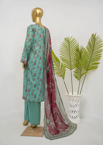 3 Piece Printed Stitched Aqua Blue Color Lawn Shirt with Trouser & Dupatta