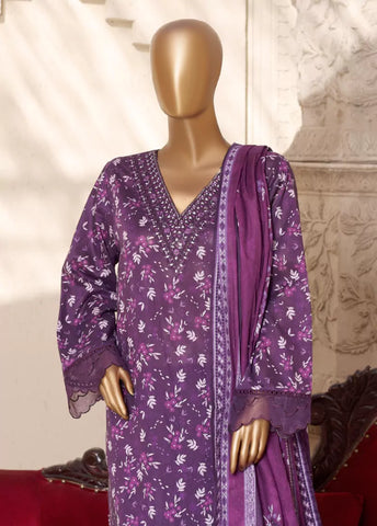 3 Piece Embroidred Stitched Purple Color Lawn Suit with Trouser & Dupatta