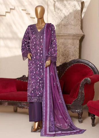3 Piece Embroidred Stitched Purple Color Lawn Suit with Trouser & Dupatta