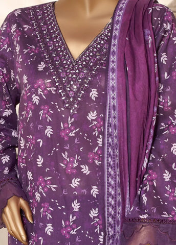 3 Piece Embroidred Stitched Purple Color Lawn Suit with Trouser & Dupatta