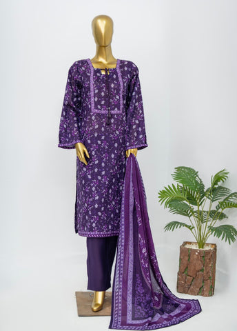 3 Piece Printed Stitched Purple Color Lawn Shirt with Trouser & Dupatta
