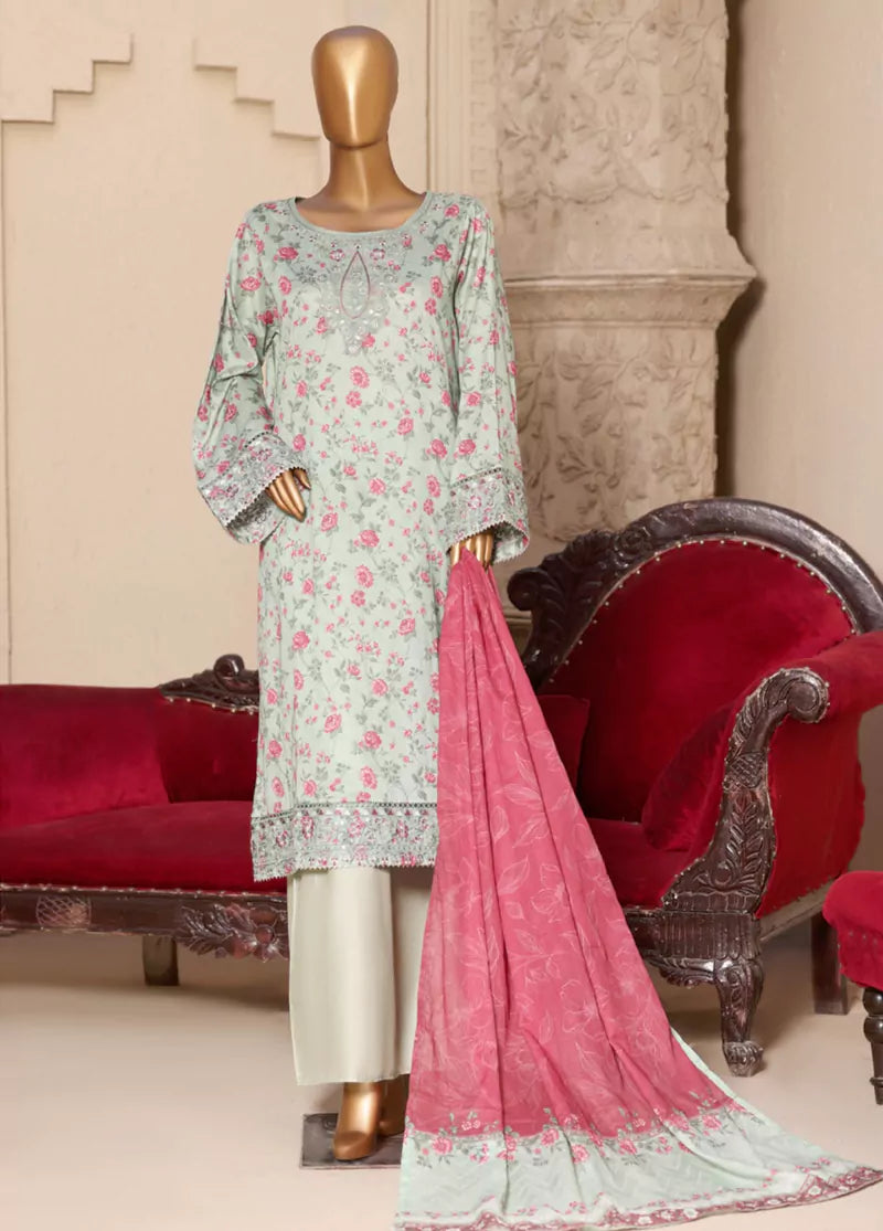 3 Piece Embroidred Stitched Mint Green Color Lawn Suit with Trouser & Dupatta