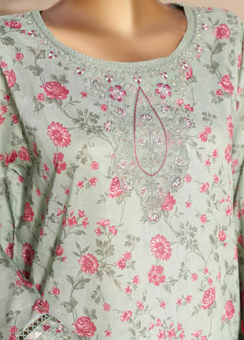 3 Piece Embroidred Stitched Mint Green Color Lawn Suit with Trouser & Dupatta