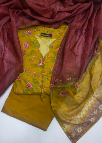 3 Piece Printed Stitched Mustard Color Lawn Shirt with Trouser & Dupatta