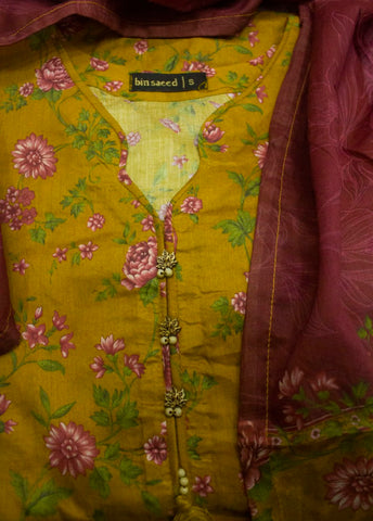 3 Piece Printed Stitched Mustard Color Lawn Shirt with Trouser & Dupatta