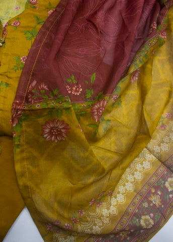3 Piece Printed Stitched Mustard Color Lawn Shirt with Trouser & Dupatta