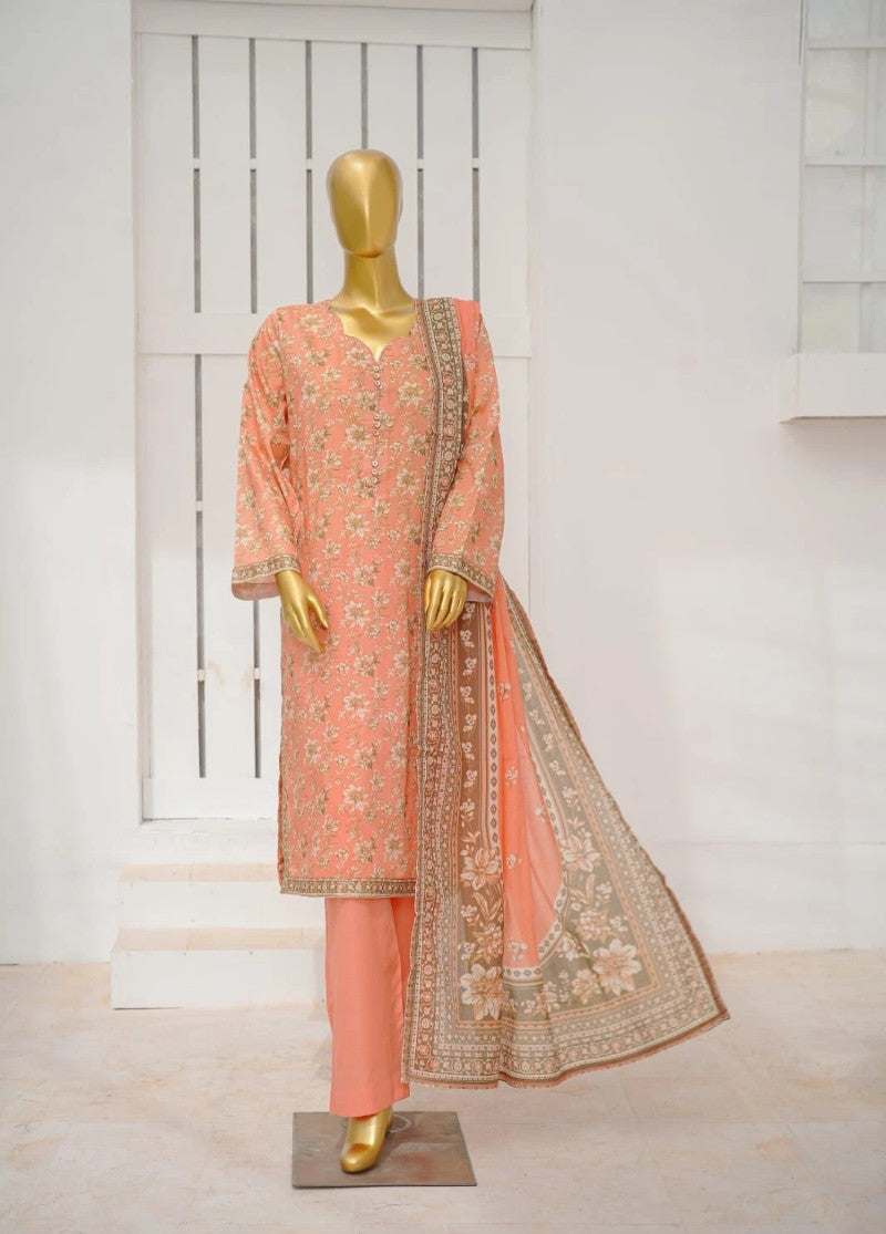 3 Piece Printed Stitched Peach Color Lawn Shirt with Trouser & Dupatta