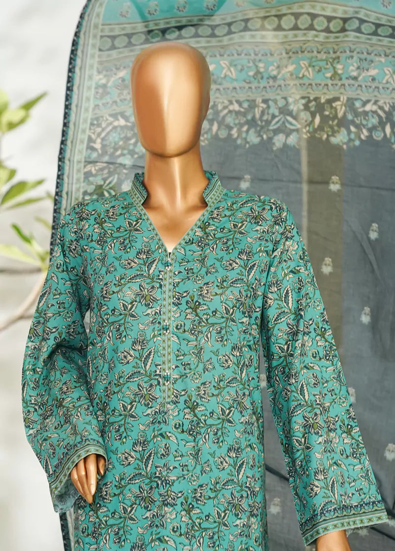 3 Piece Printed Green Color Lawn Shirt with Trouser & Dupatta