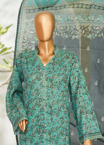 3 Piece Printed Green Color Lawn Shirt with Trouser & Dupatta