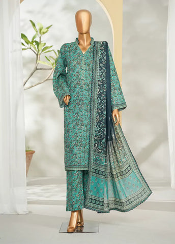 3 Piece Printed Green Color Lawn Shirt with Trouser & Dupatta