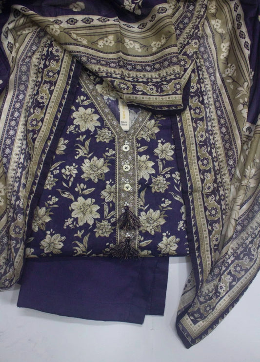 3 Piece Printed Stitched Blue Color Lawn Shirt with Trouser & Dupatta