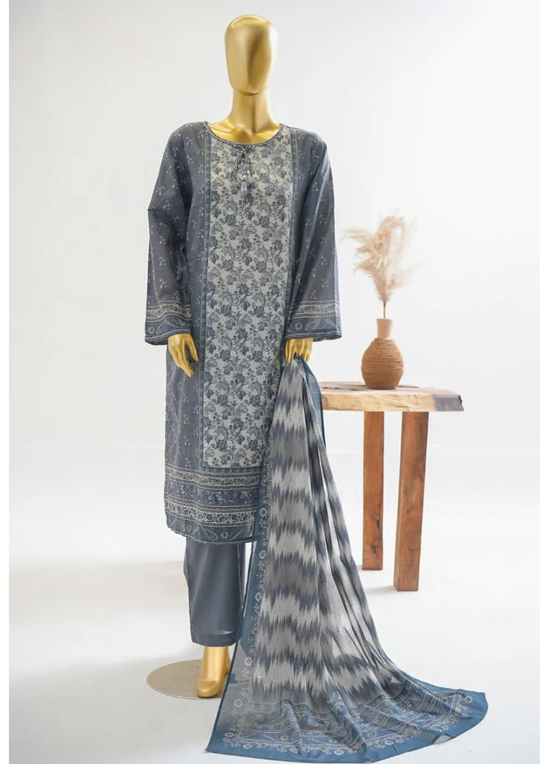 3 Piece Printed Stitched Grey Color Lawn Shirt with Trouser & Dupatta