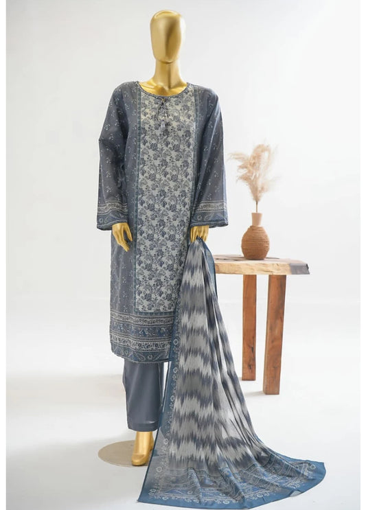 3 Piece Printed Stitched Grey Color Lawn Shirt with Trouser & Dupatta