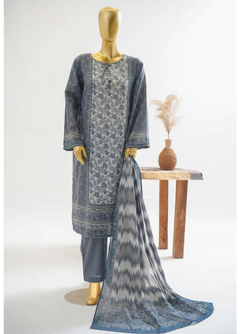 3 Piece Printed Stitched Grey Color Lawn Shirt with Trouser & Dupatta