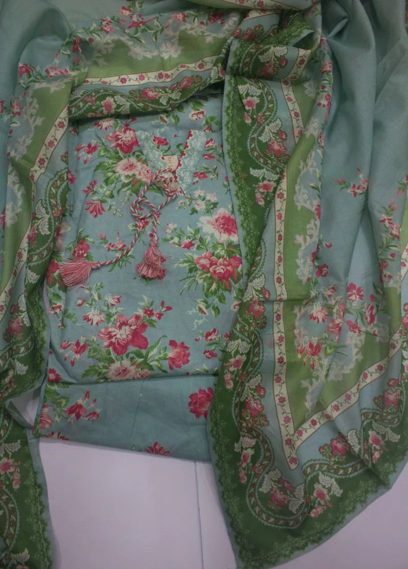 3 Piece Printed Stitched Light Blue Color Lawn Shirt with Farshi Shalwar & Dupatta