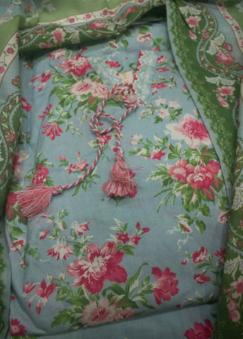 3 Piece Printed Stitched Light Blue Color Lawn Shirt with Farshi Shalwar & Dupatta