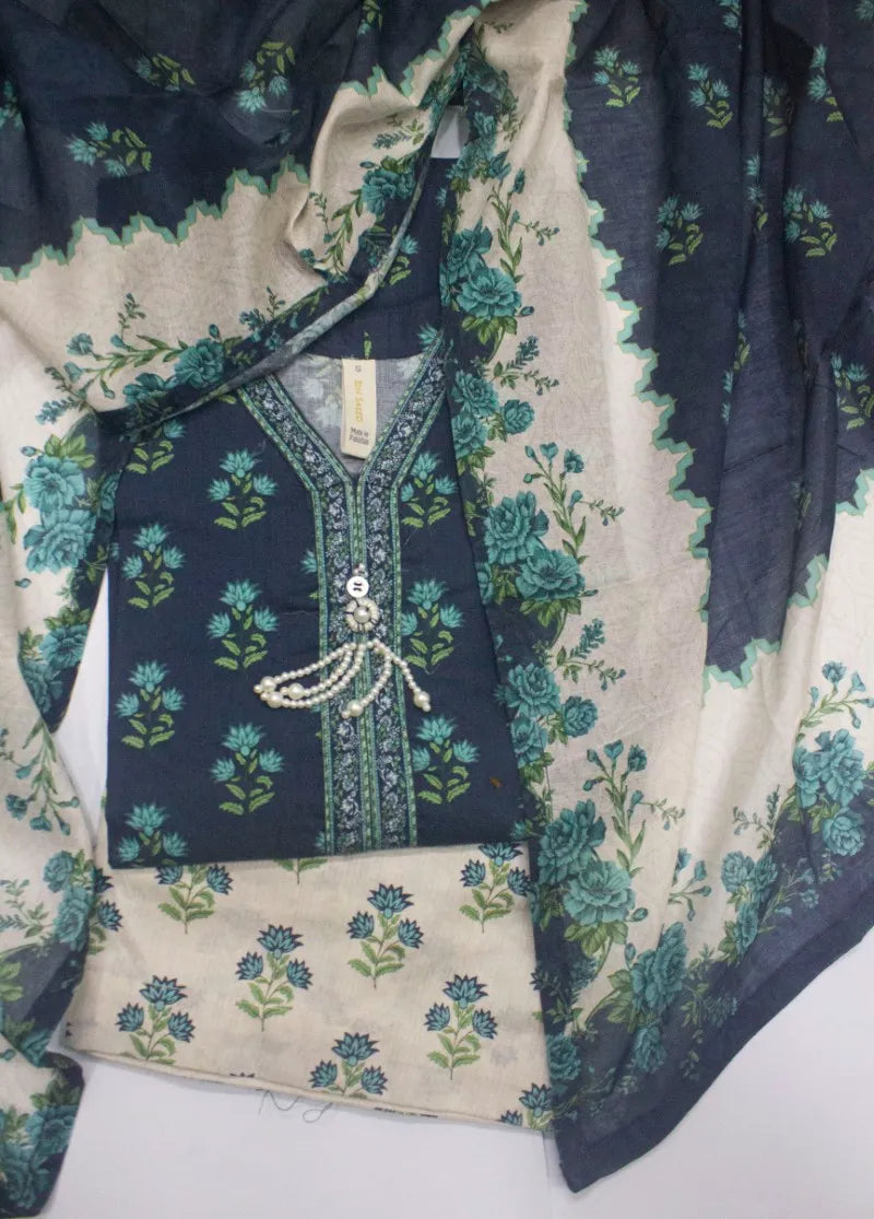 3 Piece Printed Stitched Teal Color Lawn Shirt with Trouser & Dupatta