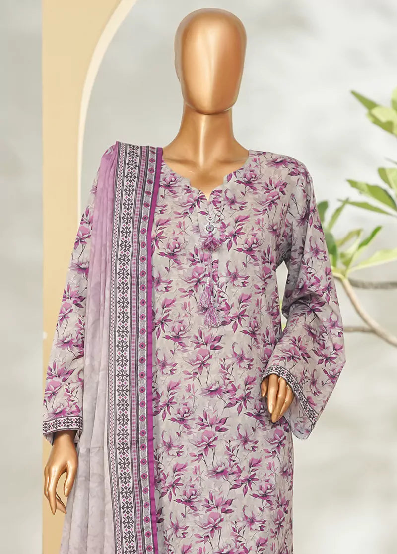 3 Piece Printed Grey & Purple Color Lawn Shirt with Trouser & Dupatta