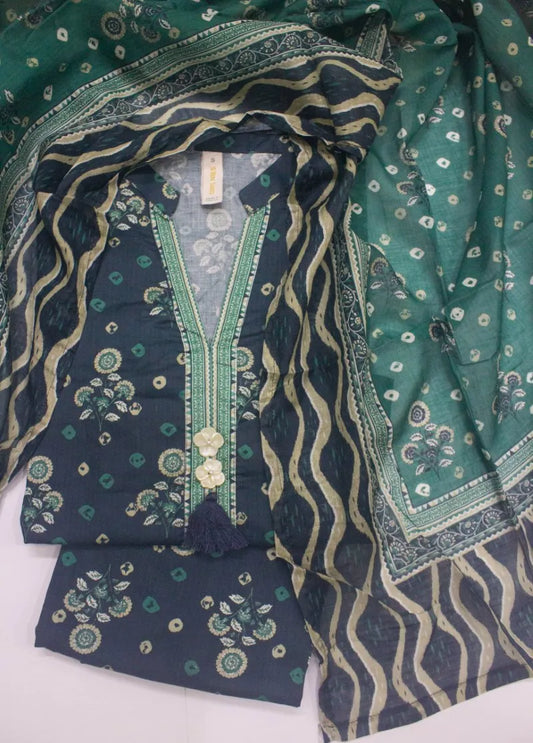 3 Piece Printed Stitched Navy Blue Color Lawn Shirt with Trouser & Dupatta