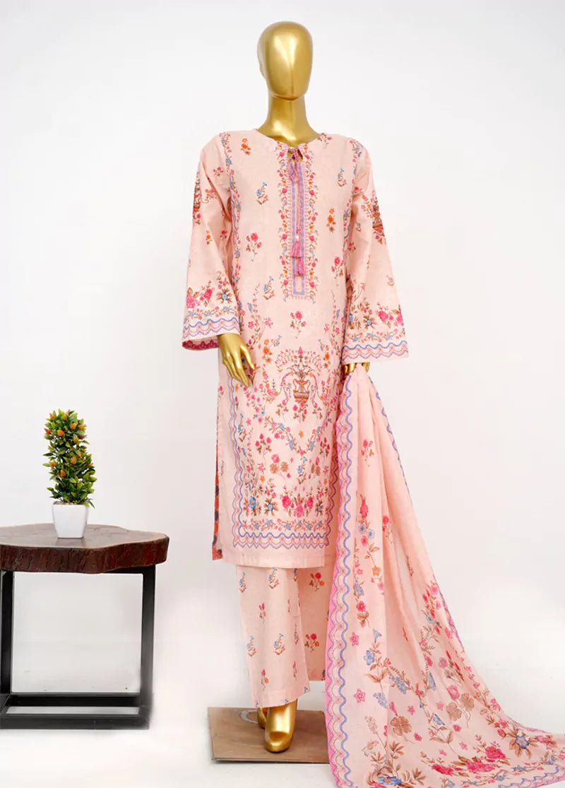 3 Piece Printed Stitched Peach Color Lawn Shirt with Trouser & Dupatta
