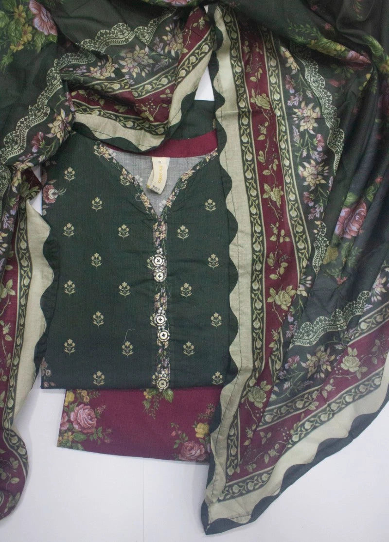 3 Piece Printed Stitched Green Color Lawn Shirt with Trouser & Dupatta