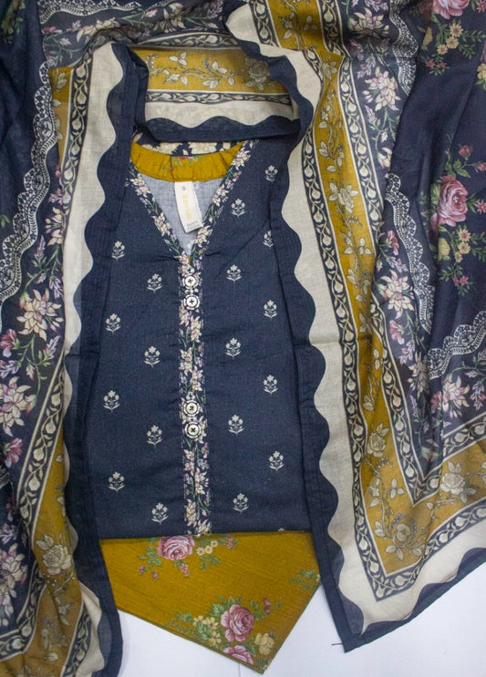 3 Piece Printed Stitched Navy Blue Color Lawn Shirt with Trouser & Dupatta