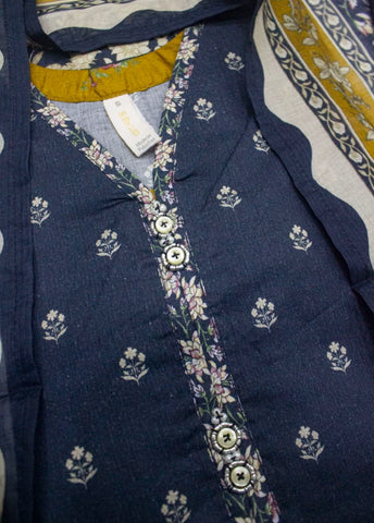 3 Piece Printed Stitched Navy Blue Color Lawn Shirt with Trouser & Dupatta