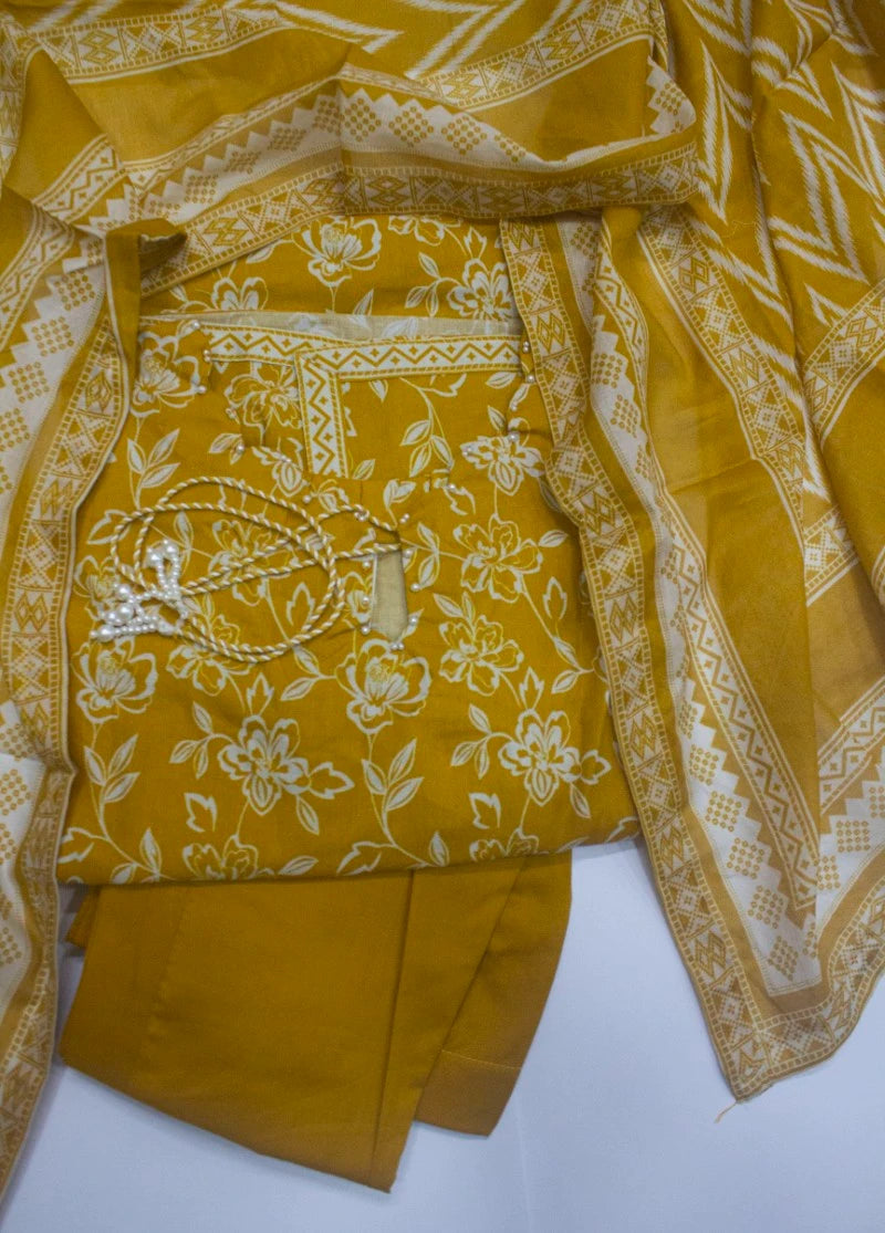 3 Piece Printed Stitched Mustard Color Lawn Shirt with Trouser & Dupatta