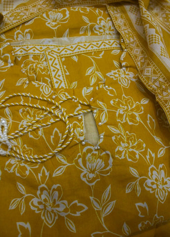 3 Piece Printed Stitched Mustard Color Lawn Shirt with Trouser & Dupatta
