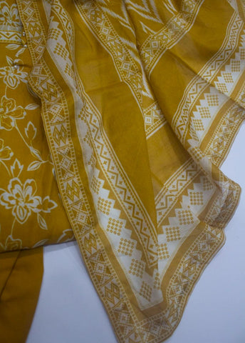 3 Piece Printed Stitched Mustard Color Lawn Shirt with Trouser & Dupatta