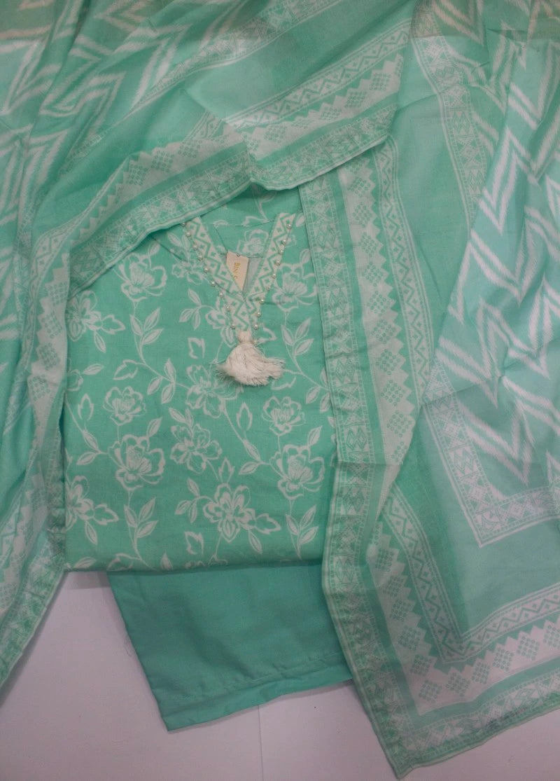 3 Piece Printed Stitched Turquoise Color Lawn Shirt with Trouser & Dupatta