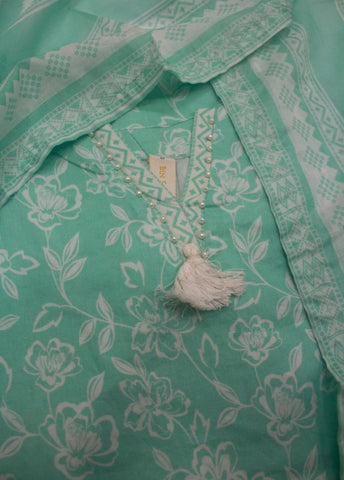 3 Piece Printed Stitched Turquoise Color Lawn Shirt with Trouser & Dupatta