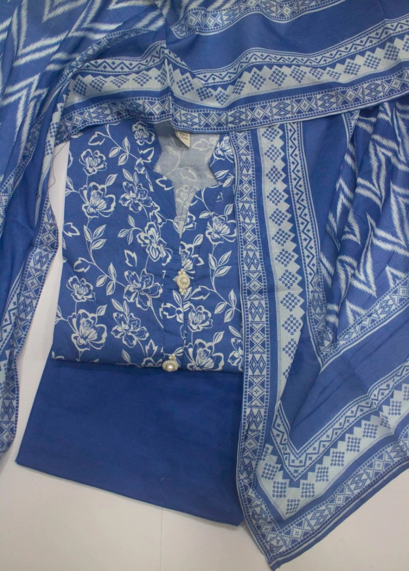 3 Piece Printed Stitched Blue Color Lawn Shirt with Trouser & Dupatta