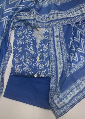 3 Piece Printed Stitched Blue Color Lawn Shirt with Trouser & Dupatta