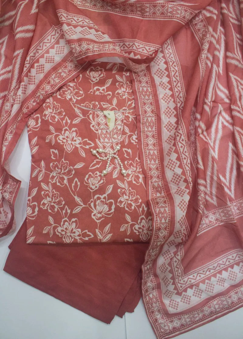 3 Piece Printed Stitched Peonny Peach Color Lawn Shirt with Trouser & Dupatta