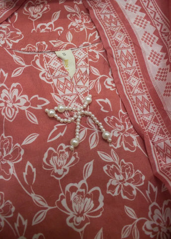 3 Piece Printed Stitched Peonny Peach Color Lawn Shirt with Trouser & Dupatta