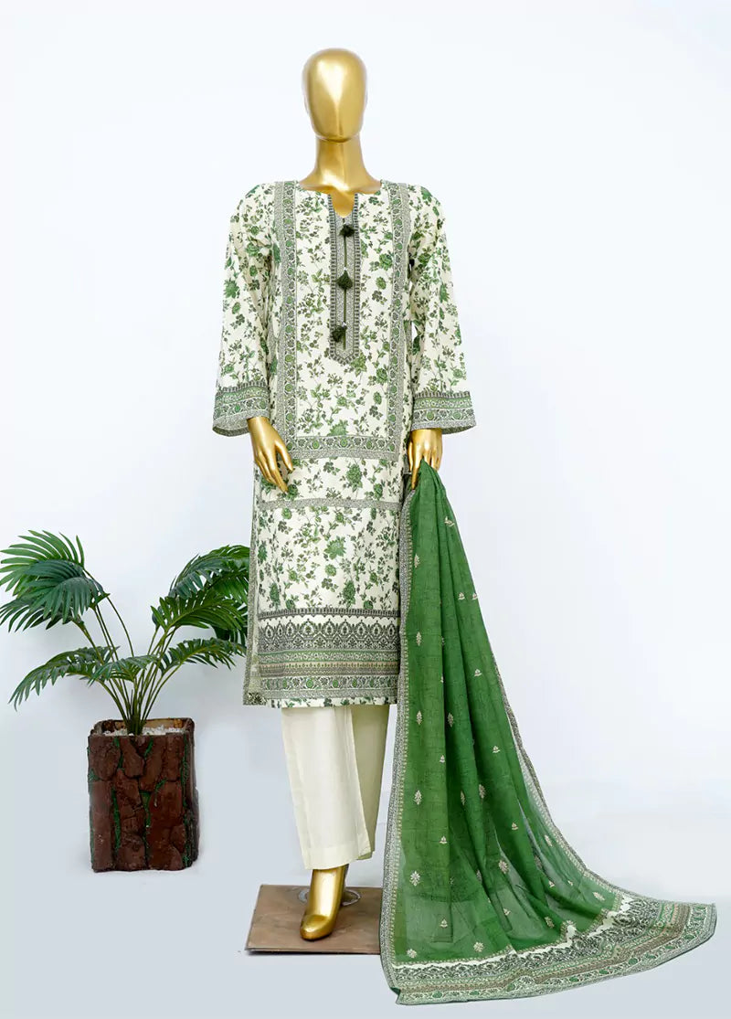 3 Piece Printed Stitched Green & Off White Color Lawn Shirt with Trouser & Dupatta