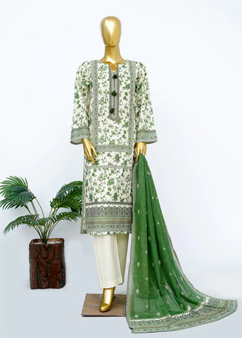 3 Piece Printed Stitched Green & Off White Color Lawn Shirt with Trouser & Dupatta