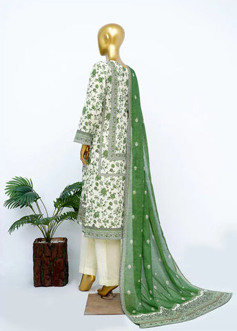 3 Piece Printed Stitched Green & Off White Color Lawn Shirt with Trouser & Dupatta