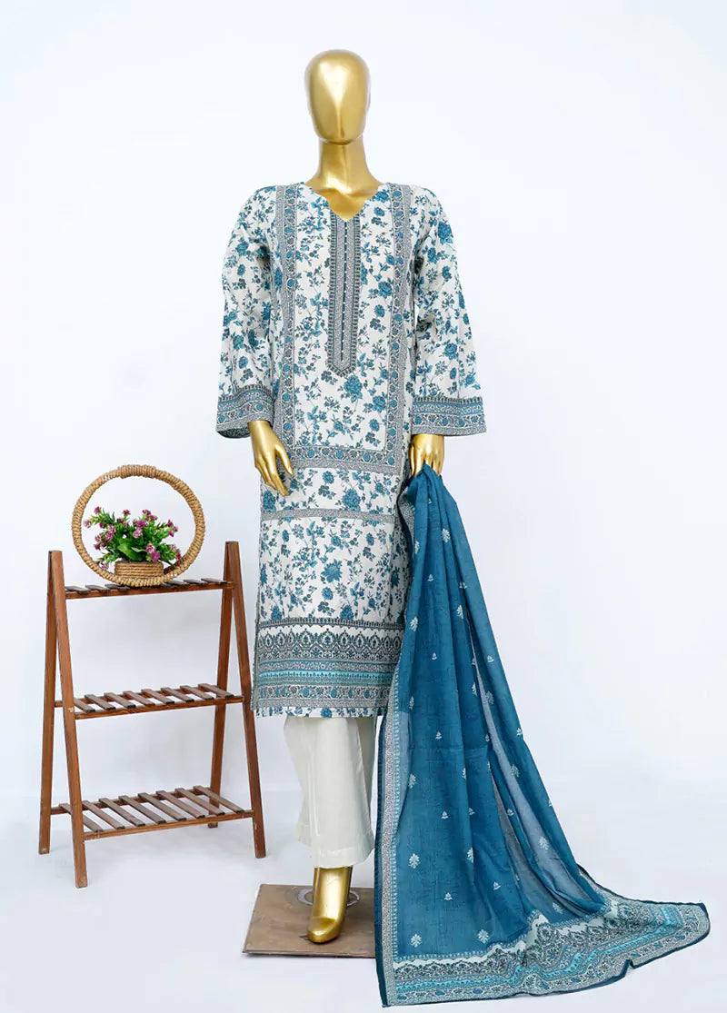3 Piece Printed Stitched Blue Color Lawn Shirt with Trouser & Dupatta