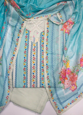 3 Piece Printed Stitched Light Blue Color Lawn Shirt with Trouser & Dupatta